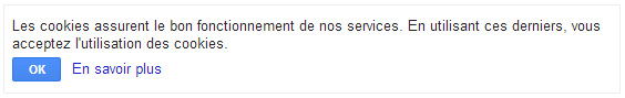 Les cookies assurent le bon fonctionnement de nos services. En utilisant ces derniers, vous acceptez l'utilisation des cookies Capture d'écran du message Google concernant les Cookies