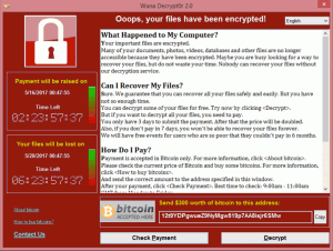 Affichage du logiciel Wannacry : payez 300$ en bitcoins